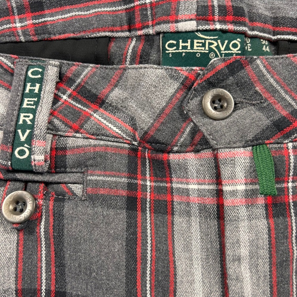 Chervo Sports Plaid Golf Pants Mens 34 Grey Red White Tartan Stretch Trousers